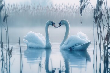 Swans forming a heart shape on misty lake