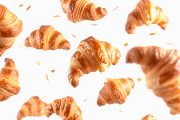 fresh and crunchy croissants are flying isolated on white background - 781343681