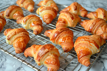 fresh croissant taken out of the oven on a white marble table - 781343682