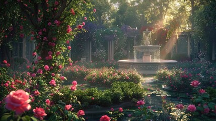 Rosewood Reverie A Tranquil Garden Bathed in the Soft Light of Dawn Where Roses Bloom Amidst Lush Greenery Offering Serenity and Reflection