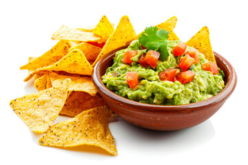 Traditional guacamole sauce with nacho chips isolated on white background. Popular Mexican food - 781343800