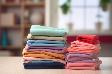 Neatly folded stack of clean clothes, promoting a hygienic home environment.
