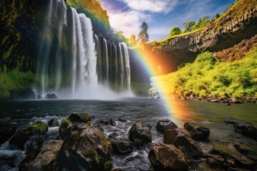 Majestic waterfall surrounded by lush greenery, with a stunning rainbow forming in the mist at sunset.