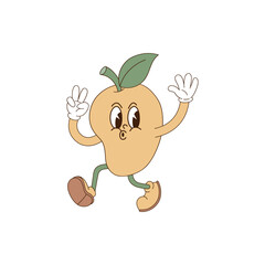 Cute cartoon mascot character running whistling mango with peace gesture vector illustration isolated on white. Retro groovy natural organic healthy food vegetables fruit print poster postcard design