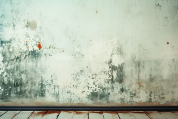 Shabby wall in need of renovation, with mold and moisture damage posing health risks in the old rental building's basement interior. - obrazy, fototapety, plakaty