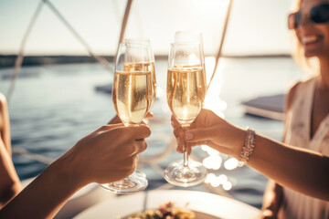 enjoy a romantic toast with glasses of champagne aboard a luxurious yacht, the backdrop of a stunning sunset