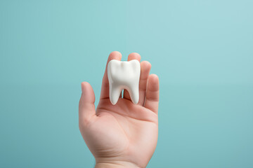 Hand holding toy tooth model. Caries and dental medical care concept