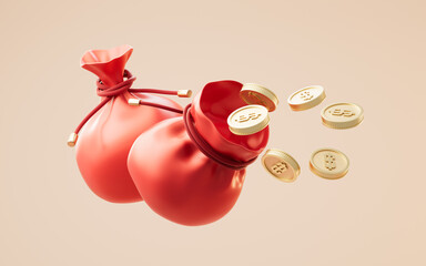Red festive bag and golden coins, 3d rendering.