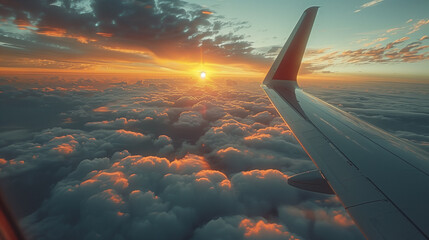 view from the porthole of the plane on its wing flying above white thick clouds and on the horizon sunset or sunrise, the beginning or end of the journey