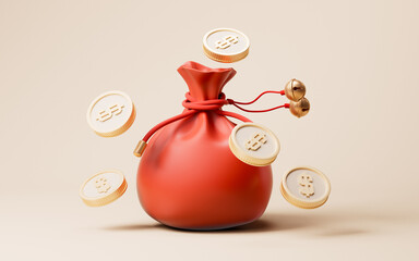 Red festive bag and golden coins, 3d rendering.