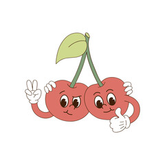 Cute cartoon mascot character pair of cherry berry vector illustration isolated on white. Retro groovy natural organic healthy food vegetables fruit print poster postcard design. Hand drawn line art