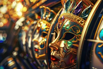 Slot machines with gold and silver masks in front of a bright blue background at the casino