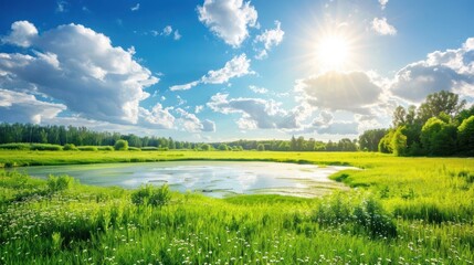 Large green field with pond in the middle and beautiful blue sky AI generated