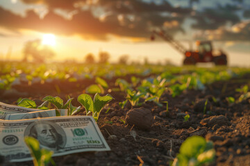 Dollar bills nestled in soil on a farm, symbolizing investment and profitability in agriculture at sunrise.