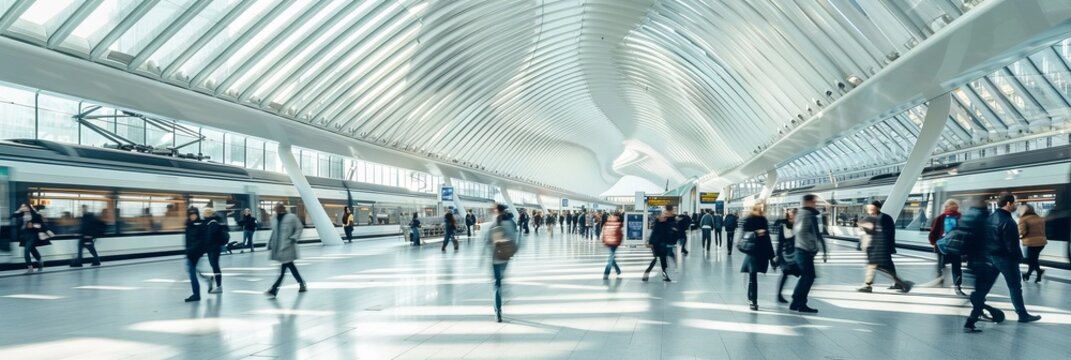 Train station with people walking around with motion blur, white ceiling lines and glass windows, train passing