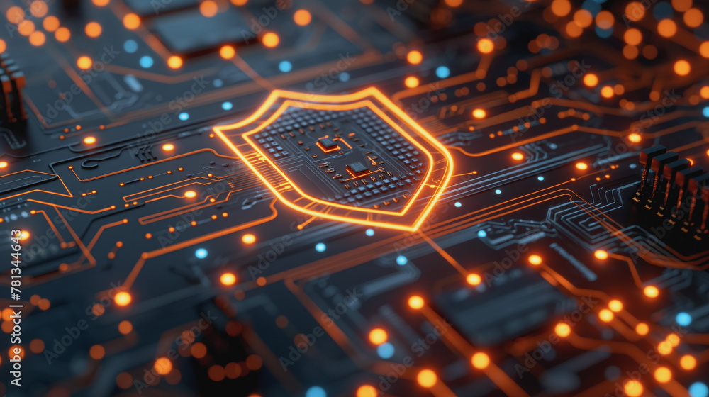 Poster a computer chip with a glowing orange shield on it