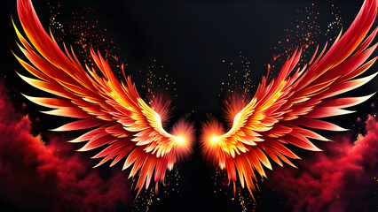 Red Angel Wings: Glowing on Black Background, Vibrant Crimson Feathers in Dark Canvas, Scarlet Angelic Wings in Ebony Darkness, Radiant Ruby Plumage Amidst Black Space(Generative AI) - obrazy, fototapety, plakaty