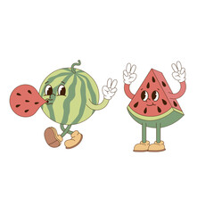 Cute cartoon mascot character watermelon whole and slice with peace hand gesture vector illustration set isolated on white. Retro groovy natural organic healthy food vegetables fruit print poster