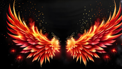 Red Angel Wings: Glowing on Black Background, Vibrant Crimson Feathers in Dark Canvas, Scarlet Angelic Wings in Ebony Darkness, Radiant Ruby Plumage Amidst Black Space(Generative AI)