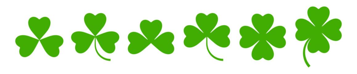 Flat shamrock icons set. Clover three and four leaves logo. Green floral symbol.