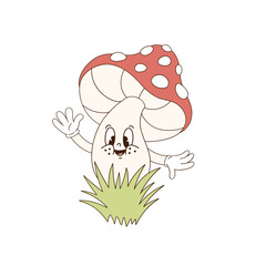 Cute cartoon mascot character mushroom fly agaric waving with the hand vector illustration isolated on white. Retro groovy natural organic healthy food vegetables fruit print poster postcard design - 781344814