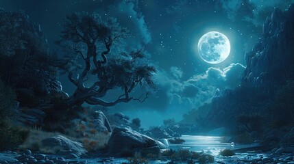Obraz na płótnie Canvas Mystic Moonlit Landscape A Surreal Nocturnal Wonderland Bathed in Ethereal Glow and Enchanting Shadows