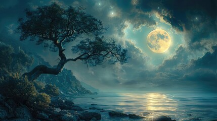 Mystic Moonlight A Surreal Nocturnal Landscape Bathed in an Otherworldly Glow of Mystery and Enchantment