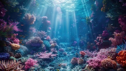 Enchanting Depths of the Ocean s Ethereal Underwater Realm with Vibrant Coral Reefs and Filtered Sunlight - obrazy, fototapety, plakaty