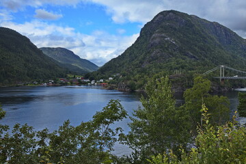 Obraz na płótnie Canvas Road bridge Erfjord over Halandsundet on the scenic route Ryfylke in Norway, Europe 