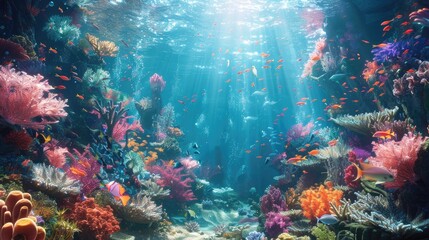 Naklejka na ściany i meble Enchanting Underwater Oasis Sunlight Dappled Coral Reefs Teeming with Vibrant Marine Life
