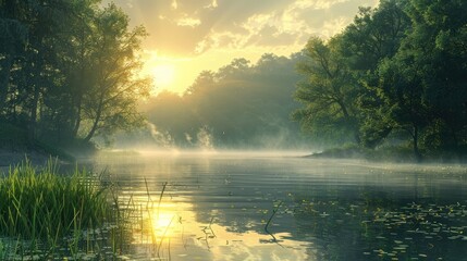 Tranquil Lakeside Setting Bathed in Soft Morning Light with Mist and Birdsong Creating Serene Solace
