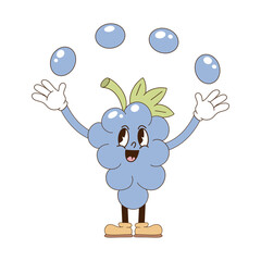 Cute cartoon mascot character blueberry juggle with its seeds vector illustration isolated on white. Retro groovy natural organic healthy food vegetables fruit print poster postcard design. Hand drawn - 781345252