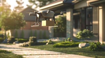 A drone hovers in front of a modern home at dusk, carrying a package, illustrating cutting-edge delivery technology in a residential setting.