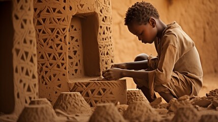 A resourceful African child constructing a shelter from woven reeds and mud, blending harmoniously with the arid landscape of the desert. - obrazy, fototapety, plakaty
