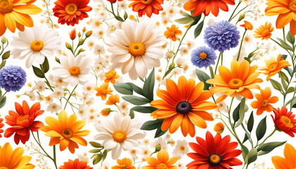 gleichmäßiges Muster aus hellen Blumen Blüten in bunt auf weißem Hintergrund als Vorlage für Gestaltung von Geschenk Papier, Wänden, Produkten, Verpackungen zum Frühling frisch Sommer floral  - obrazy, fototapety, plakaty