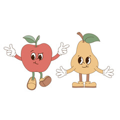 Cute cartoon mascot character garden fruit apple pear vector illustration set isolated on white. Retro groovy natural organic healthy food vegetables fruit print poster postcard design. Hand drawn - 781345436