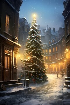 Painting of a beautiful Christmas tree in the city with lights and snow in the night sky, invitation card, poster banner, wallpaper