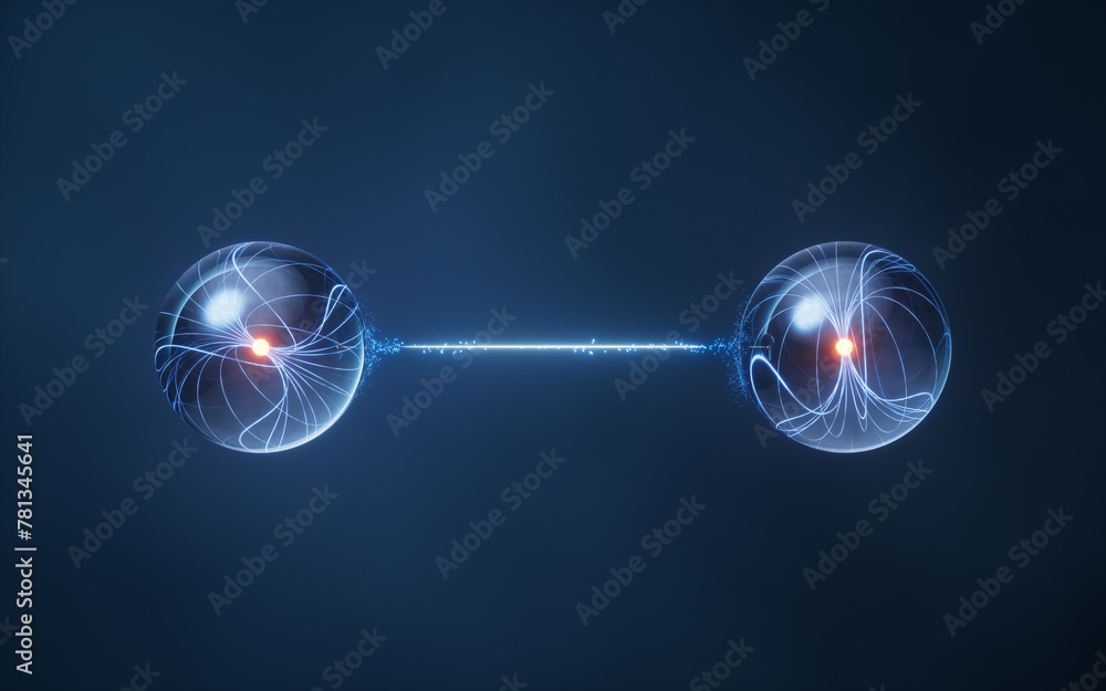 Poster physics quantum and quantum entanglement, 3d rendering.