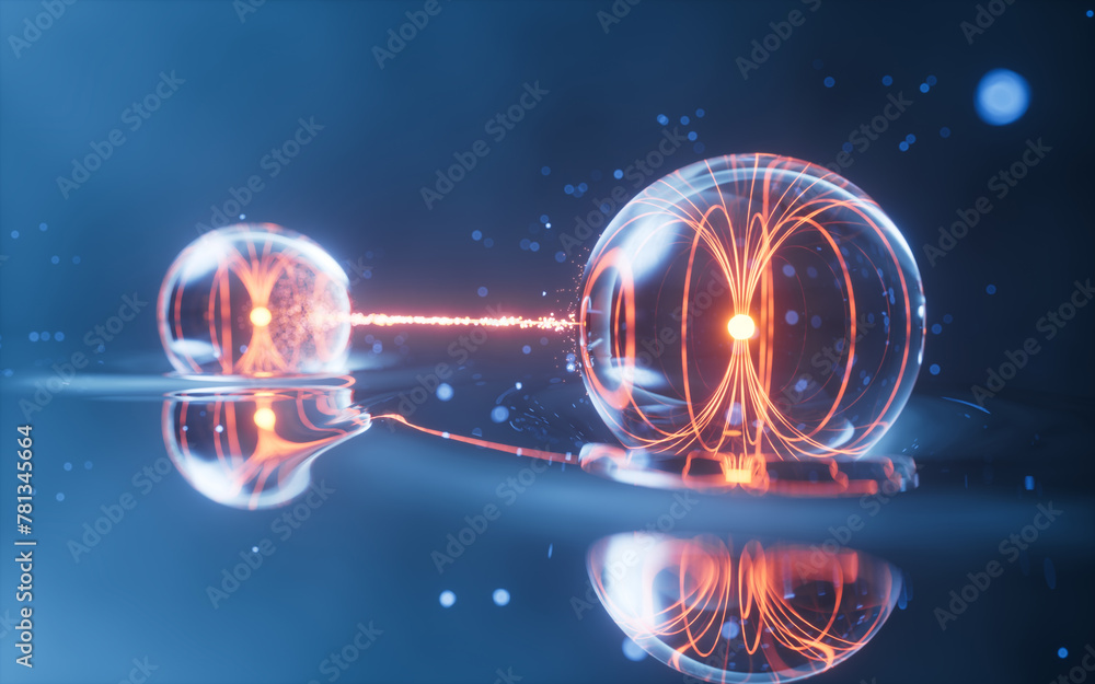 Poster physics quantum and quantum entanglement, 3d rendering.