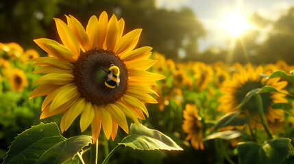 Sunflower and a bumble bee in a spring meadow at sunrise - Powered by Adobe