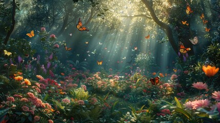 Fototapeta na wymiar Enchanted Garden Bathed in the Soft Light of Dawn Bursting with Vibrant Blooms and Fluttering Butterflies