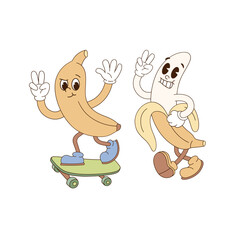 Cute cartoon mascot character banana on skateboard and running vector illustration set isolated on white. Retro groovy natural organic healthy food vegetables fruit print poster postcard design. Hand