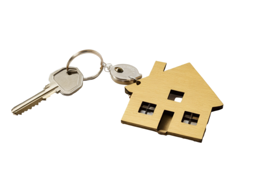 Detailed PNG Image of House Keys with House Shaped Keychain, Isolated on a Transparent Background