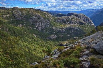 Mountain panorama at the hiking track to Preikestolen in Norway, Europe
