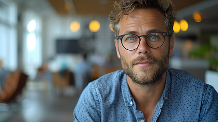 Thoughtful man with glasses in a blue shirt. Close-up portrait in a bright workspace. Intellectual and creative professional concept - obrazy, fototapety, plakaty