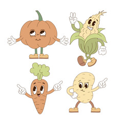 Set of cute veggies cartoon mascot characters pumpkin corn carrot potato vector illustration isolated on white. Retro groovy natural organic healthy food farm vegetables print poster postcard design - 781346039