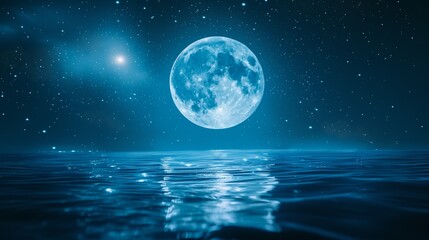 The full moon in the starry sky over the night sea and the reflection of the moon path