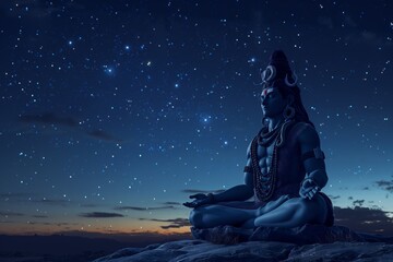 Lord Shiva against the background of the endless starry night blue sky