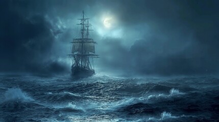 A sailing ship glides slowly through the dark water, illuminated only by the light of the moon