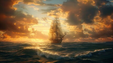 A sailing ship glides slowly through the water, illuminated by the sunset